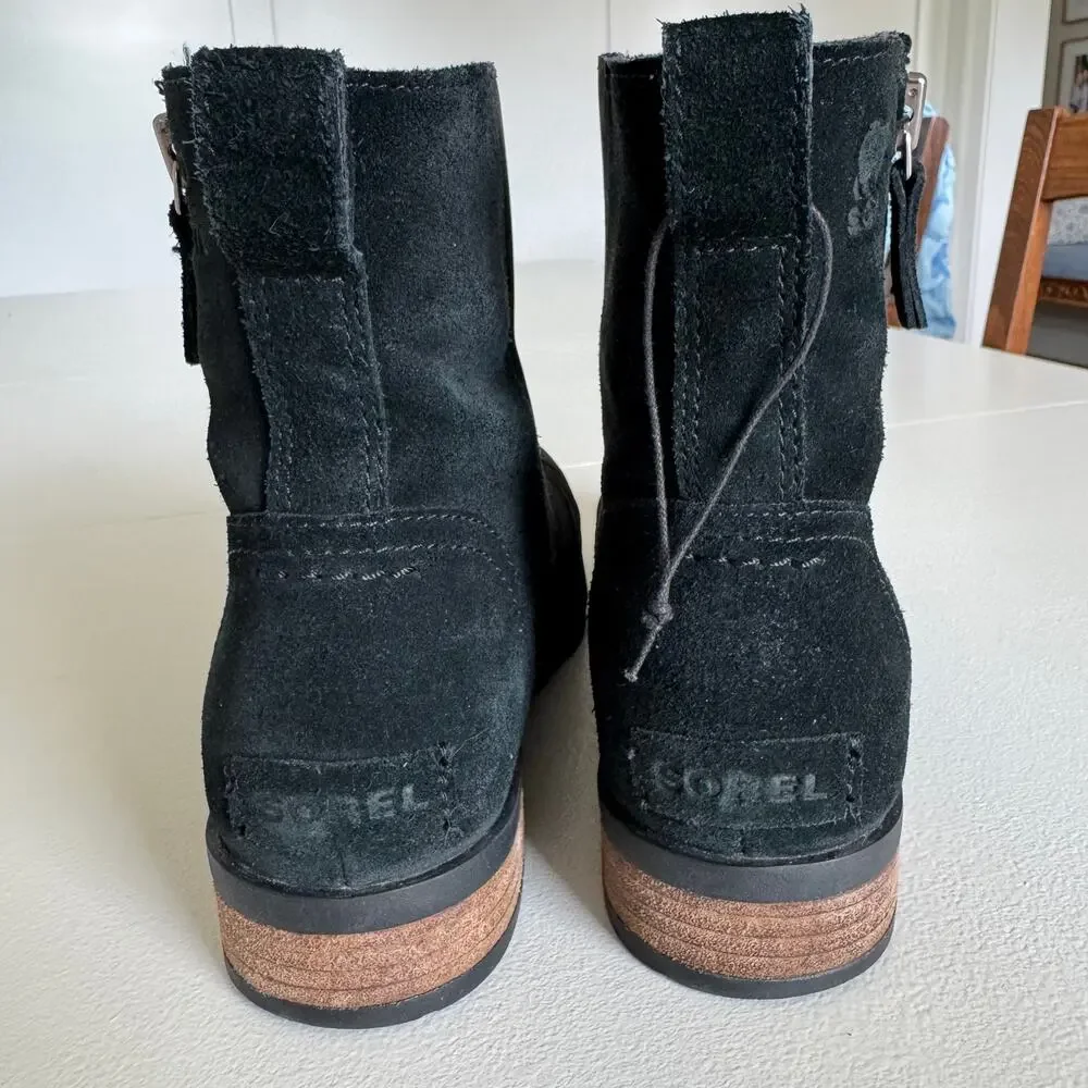 Sorel Black Suede Ankle Booties with Lug Sole Waterproof
